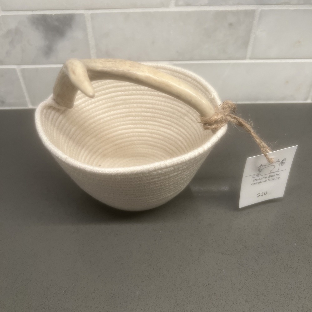 Handmade Coiled Rope Basket Genuine Shed Antler Handle Rustic Western Cabin...
